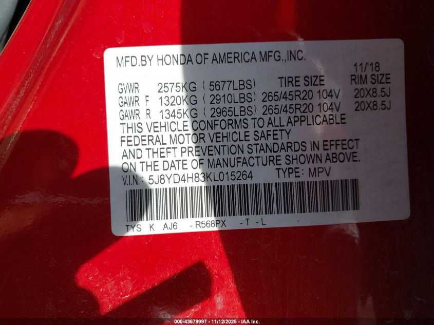 2019 Acura Mdx Advance Pkg VIN: 5J8YD4H83KL015264 Lot: 43679997