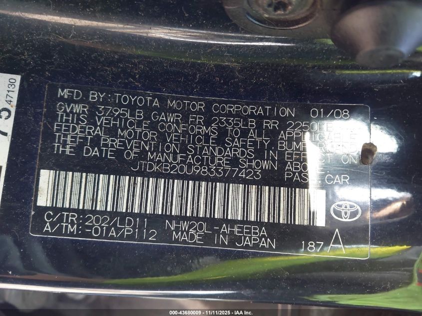 2008 Toyota Prius VIN: JTDKB20U983377423 Lot: 43680009
