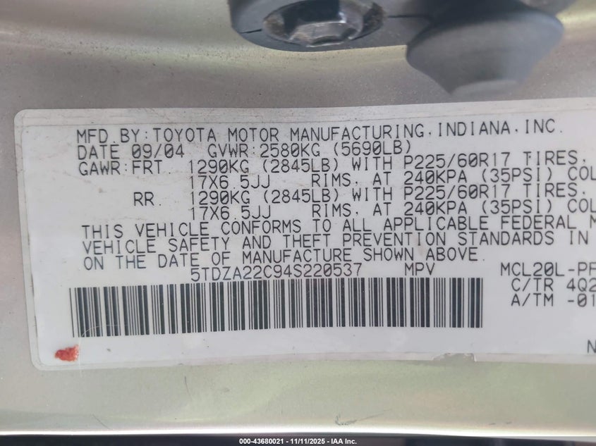 5TDZA22C94S220537 2004 TOYOTA SIENNA photo no. 9