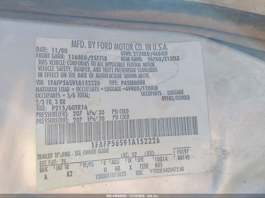 2001 Ford Taurus Sel VIN: 1FAFP56S91A152226 Lot: 43680028