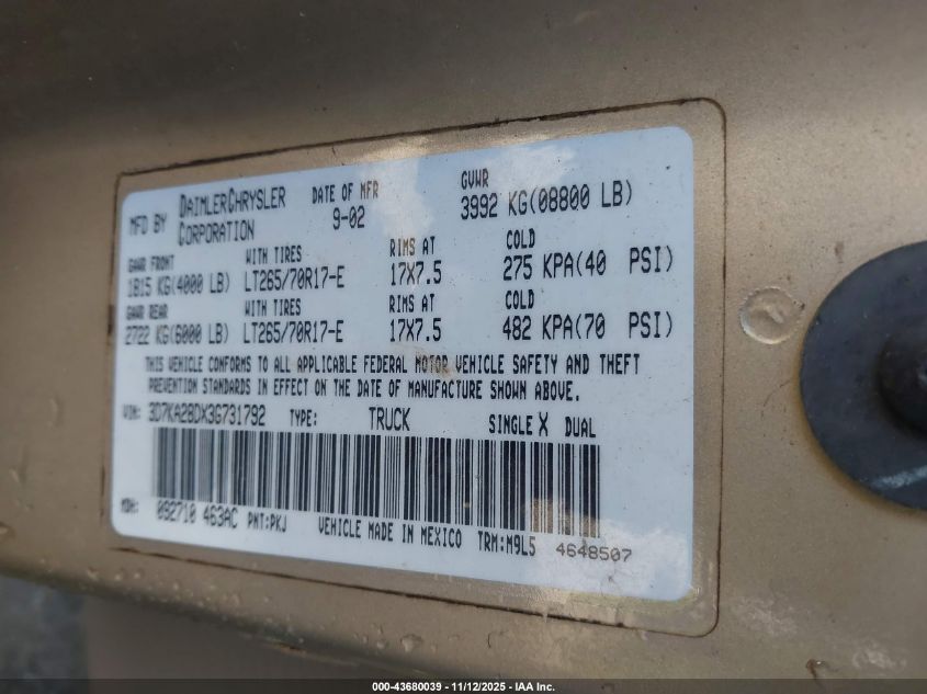 2003 Dodge Ram 2500 Slt/Laramie/St VIN: 3D7KA28DX3G731792 Lot: 43680039