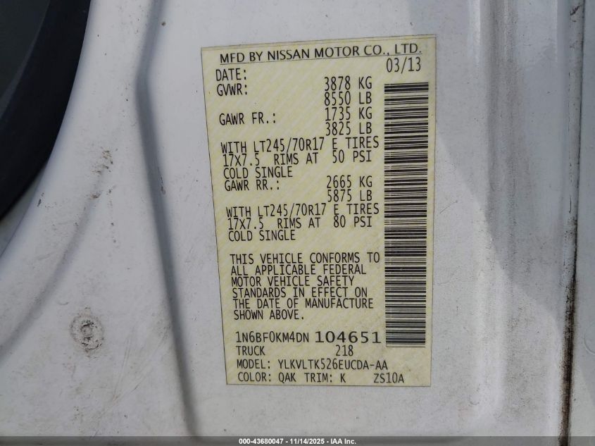 2013 Nissan Nv Cargo Nv1500 Sv V6 VIN: 1N6BF0KM4DN104651 Lot: 43680047