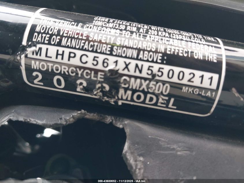 2022 Honda Cmx500 VIN: MLHPC561XN5500211 Lot: 43680052