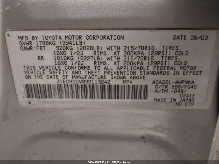 2003 Toyota Rav4 VIN: JTEGH20V830113242 Lot: 43680055