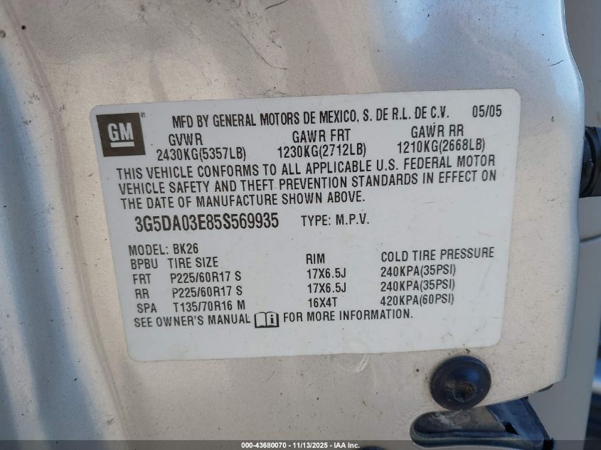 2005 Buick Rendezvous Cx VIN: 3G5DA03E85S569935 Lot: 43680070