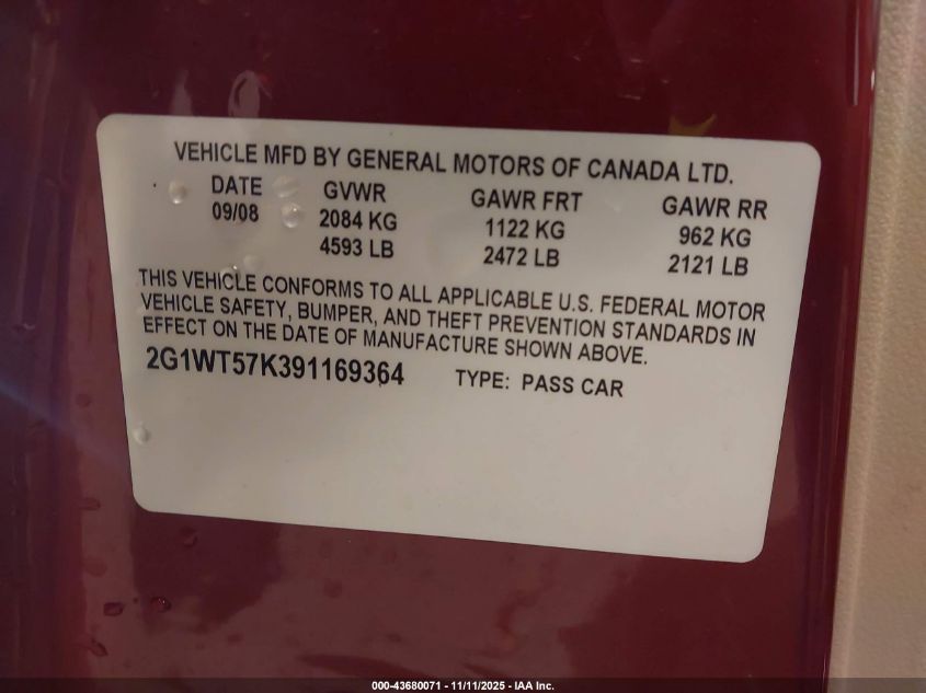 2009 Chevrolet Impala Lt VIN: 2G1WT57K391169364 Lot: 43680071