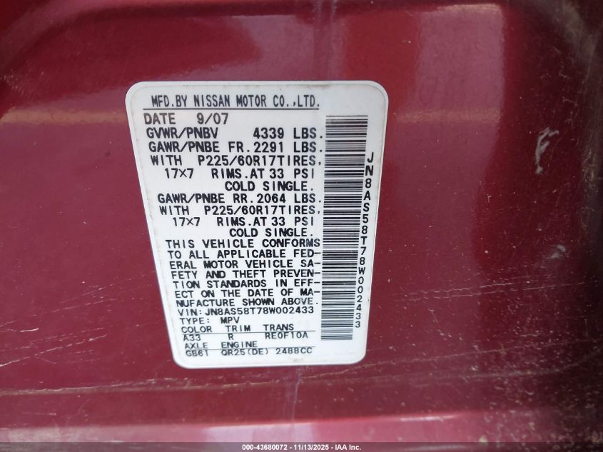 2008 Nissan Rogue VIN: JNBAS68T78W002433 Lot: 43680072