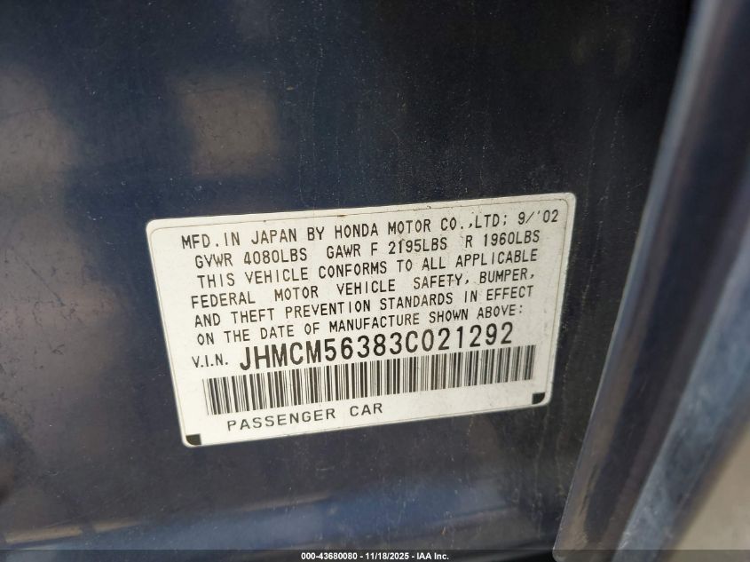 2003 Honda Accord 2.4 Lx VIN: JHMCM56383C021292 Lot: 43680080
