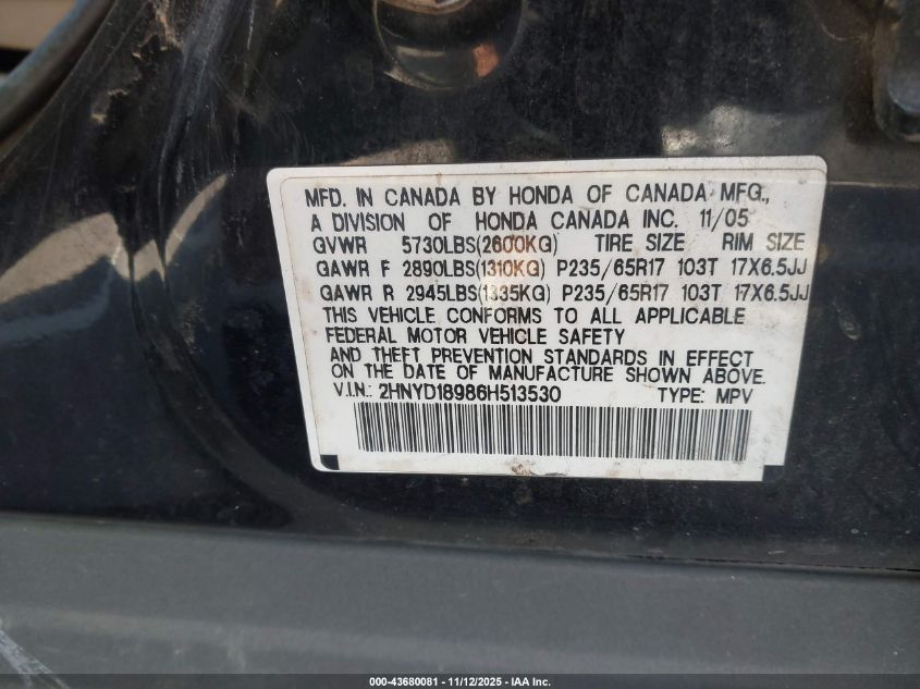 2006 Acura Mdx VIN: 2HNYD18986H513530 Lot: 43680081