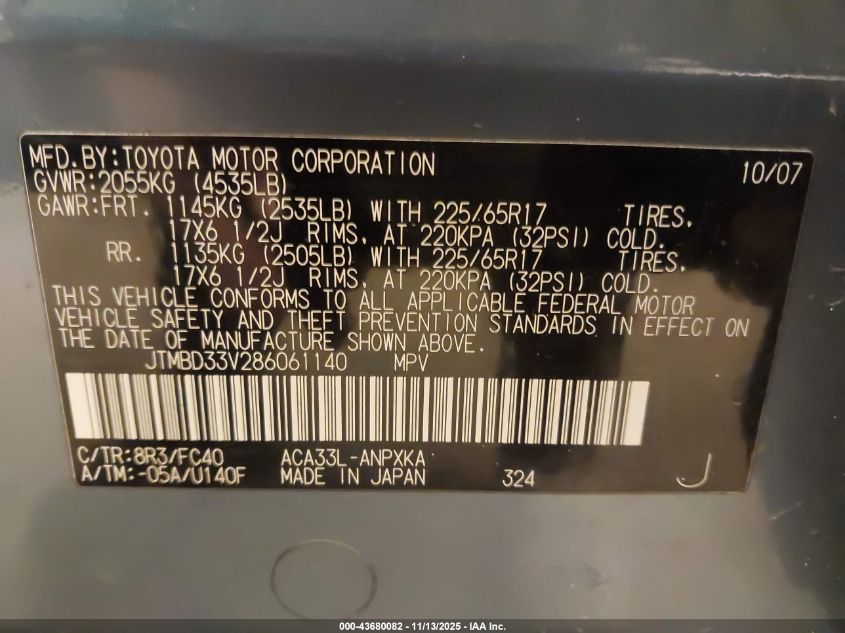 2008 Toyota Rav4 VIN: JTMBD33V286061140 Lot: 43680082