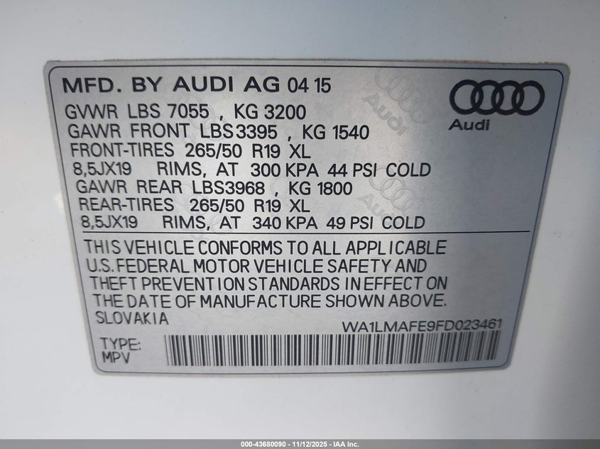 2015 Audi Q7 3.0 Tdi Premium VIN: WA1LMAFE9FD023461 Lot: 43680090