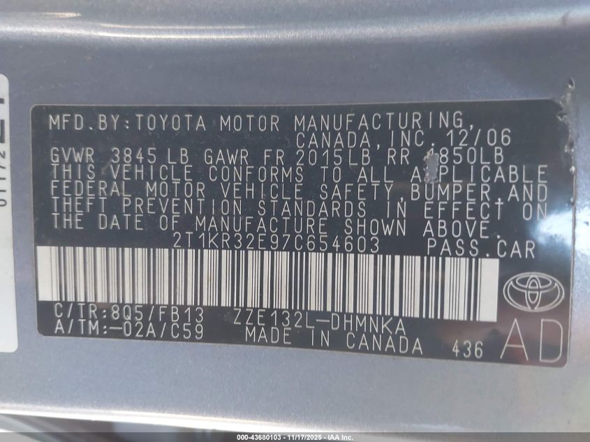 2007 Toyota Matrix Xr VIN: 2T1KR32E97C654603 Lot: 43680103