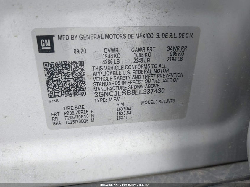 2020 Chevrolet Trax Fwd Lt VIN: 3GNCJLSB8LL337430 Lot: 43680115