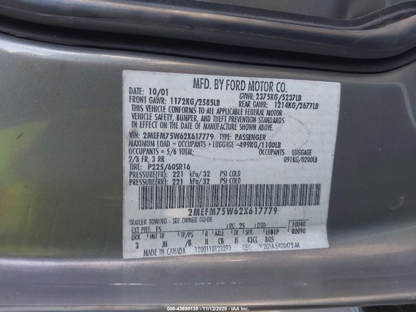 2002 Mercury Grand Marquis Ls VIN: 2MEFM75W62X617779 Lot: 43680135