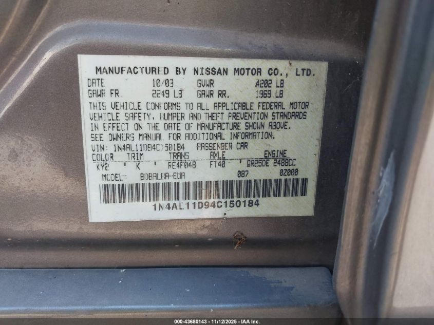 2004 Nissan Altima 2.5 S VIN: 1N4AL11D94C150184 Lot: 43680143