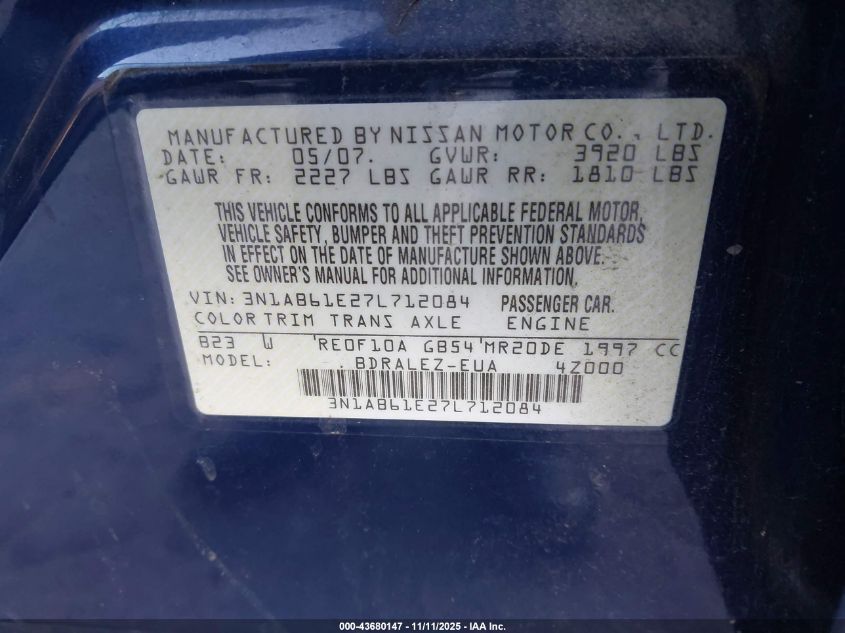 2007 Nissan Sentra 2.0S VIN: 3N1AB61E27L712084 Lot: 43680147