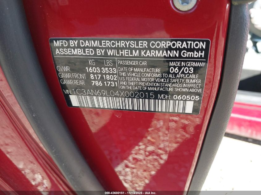 2004 Chrysler Crossfire VIN: 1C3AN69L04X002015 Lot: 43680151