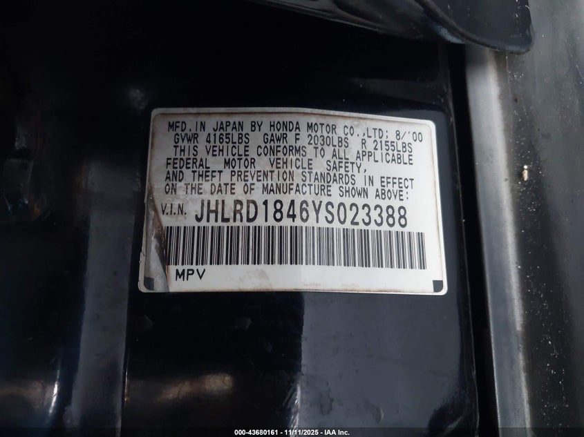 2000 Honda Cr-V Lx VIN: JHLRD1846YS023388 Lot: 43680161