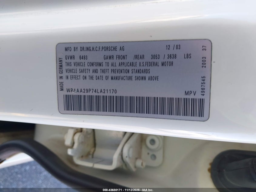 2004 Porsche Cayenne V6 VIN: WP1AA29P74LA21170 Lot: 43680171