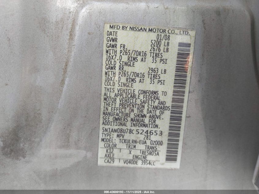 2008 Nissan Xterra S VIN: 5N1AN08U78C524653 Lot: 43680193