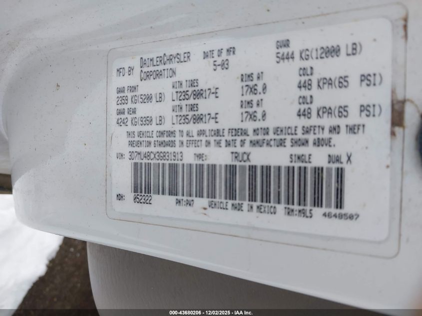 2003 Dodge Ram 3500 Slt/Laramie/St VIN: 3D7MU48CX3G831913 Lot: 43680206