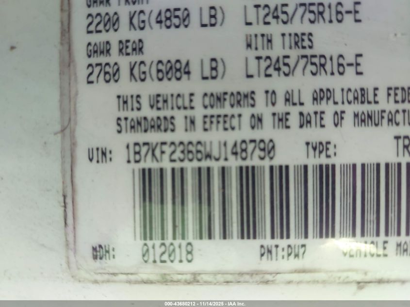 1998 Dodge Ram 2500 St VIN: 1B7KF2366WJ148790 Lot: 43680212