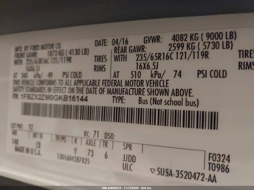 2016 Ford Transit-350 Xlt VIN: 1FBZX2ZM0GKB16144 Lot: 43680215