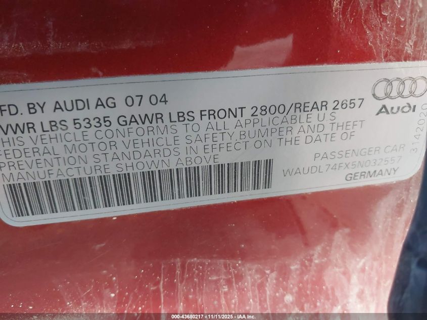 2005 Audi A6 4.2 VIN: WAUDL74FX5N032557 Lot: 43680217
