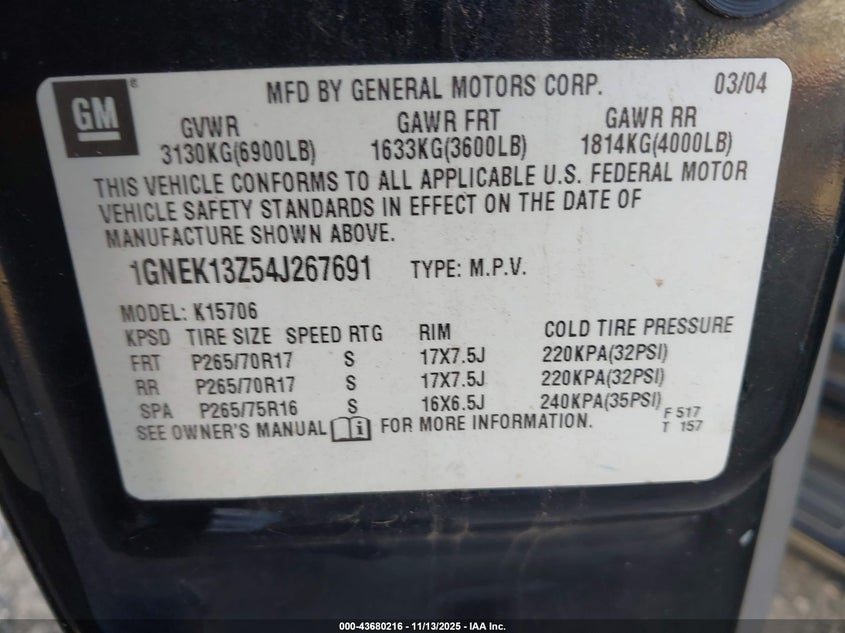 2004 Chevrolet Tahoe Ls VIN: 1GNEK13Z54J267691 Lot: 43680216