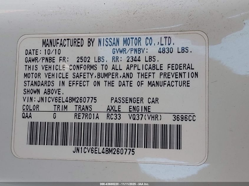 2011 Infiniti G37X VIN: JN1CV6EL4BM260775 Lot: 43680220