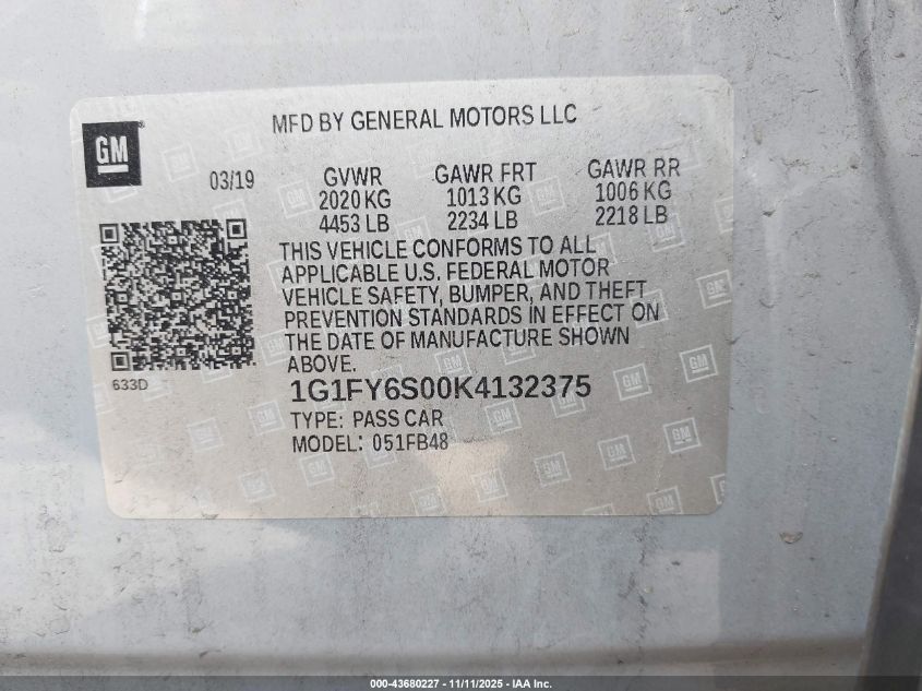 2019 Chevrolet Bolt Ev Lt VIN: 1G1FY6S00K4132375 Lot: 43680227