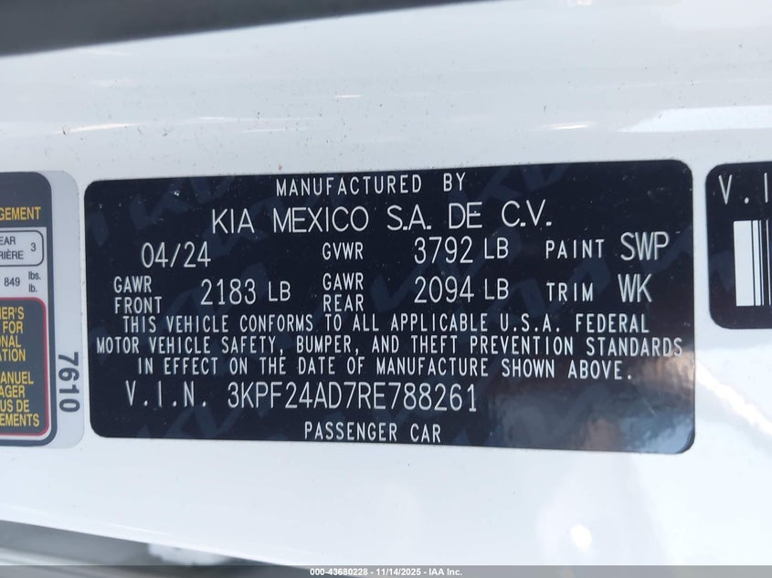 2024 Kia Forte Lxs VIN: 3KPF24AD7RE788261 Lot: 43680228