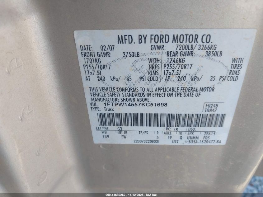 2007 Ford F-150 Fx4/Lariat/Xlt VIN: 1FTPW14557KC51698 Lot: 43680262