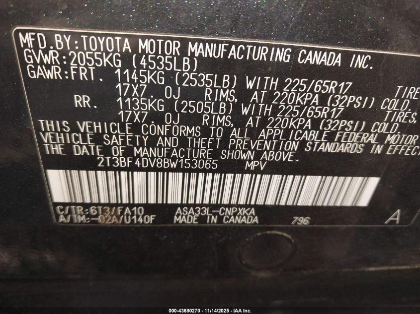 2011 Toyota Rav4 VIN: 2T3BF4DV8BW153065 Lot: 43680270