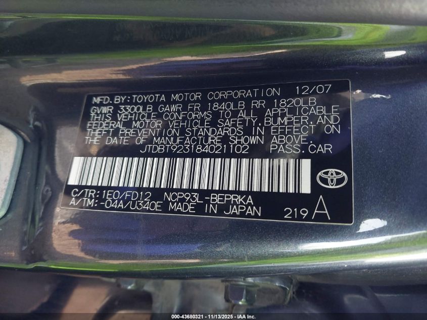 2008 Toyota Yaris VIN: JTDBT923184021102 Lot: 43680321