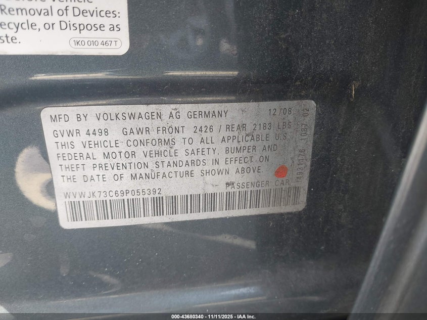 WVWJK73C69P055392 2009 VOLKSWAGEN PASSAT photo no. 9