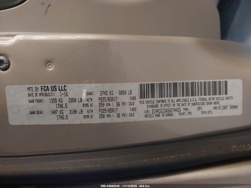 2016 Dodge Grand Caravan Sxt VIN: 2C4RDGCGXGR274433 Lot: 43680346