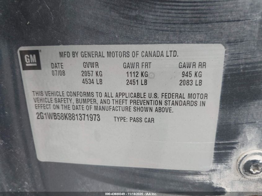2008 Chevrolet Impala Ls VIN: 2G1WB58K881371973 Lot: 43680349