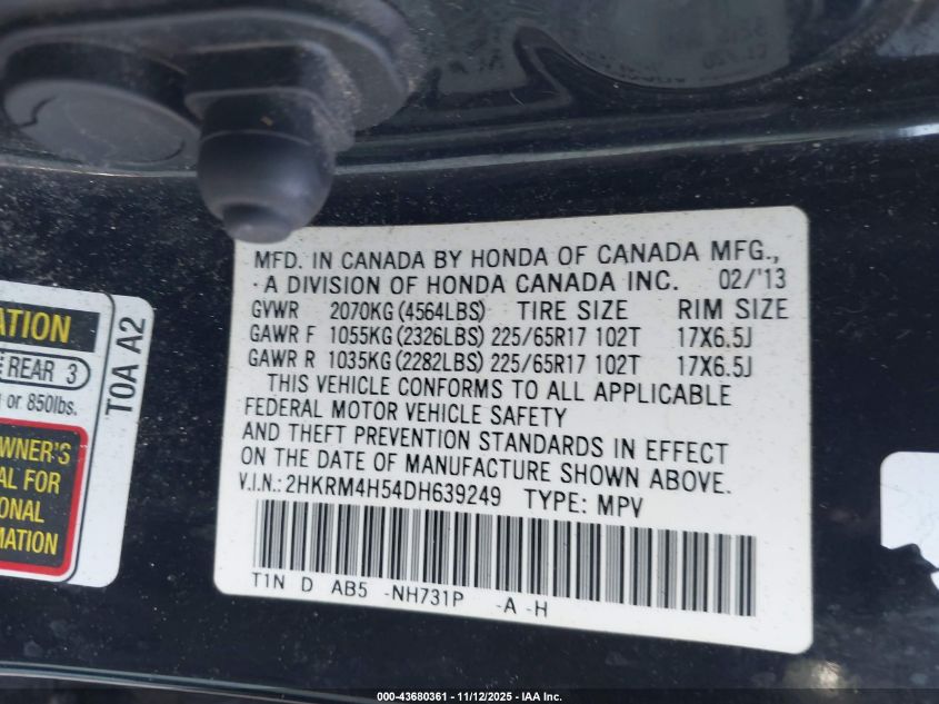2013 Honda Cr-V Ex VIN: 2HKRM4H54DH639249 Lot: 43680361
