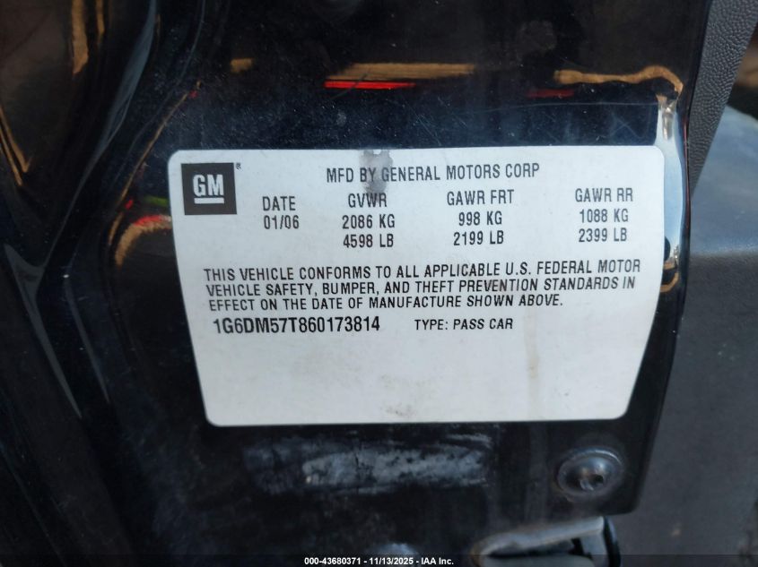 2006 Cadillac Cts Standard VIN: 1G6DM57T860173814 Lot: 43680371