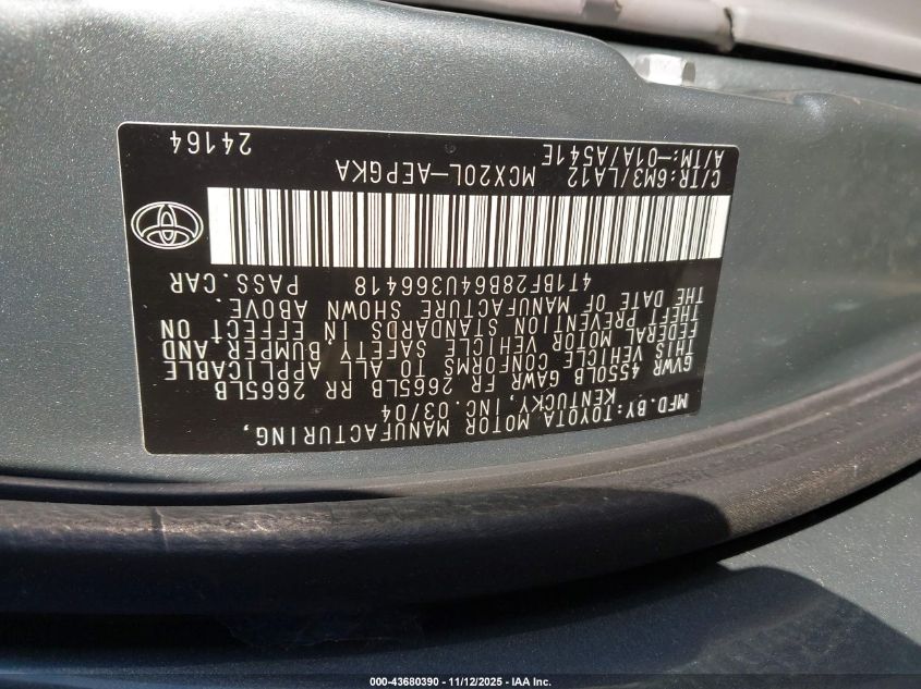 2004 Toyota Avalon Xls VIN: 4T1BF28B64U366418 Lot: 43680390