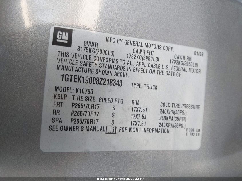 2008 GMC Sierra 1500 Slt VIN: 1GTEK19008Z218343 Lot: 43680411