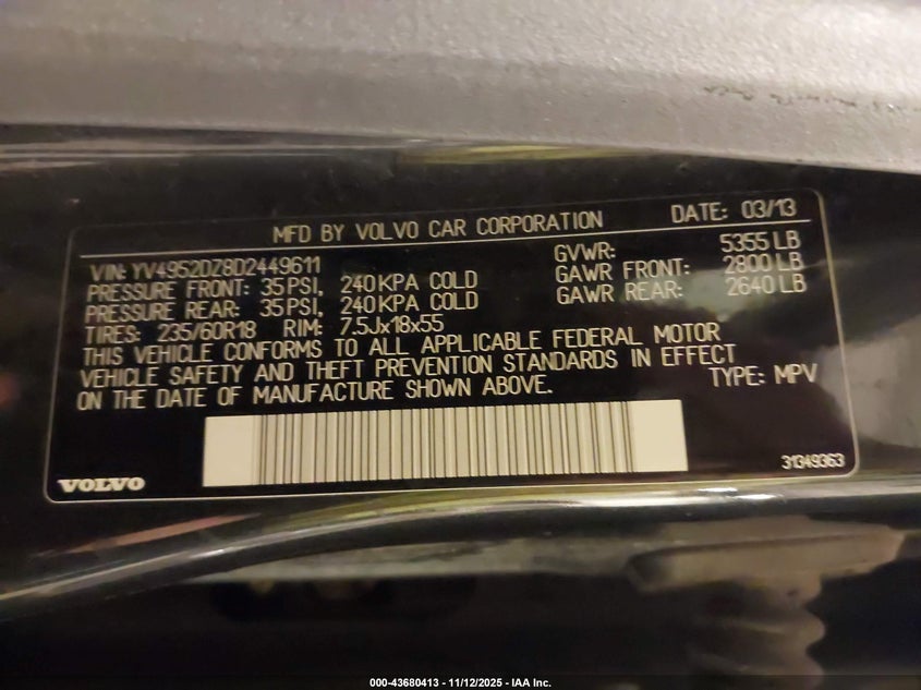 2013 Volvo Xc60 3.2 Premier VIN: YV4952DZ8D2449611 Lot: 43680413