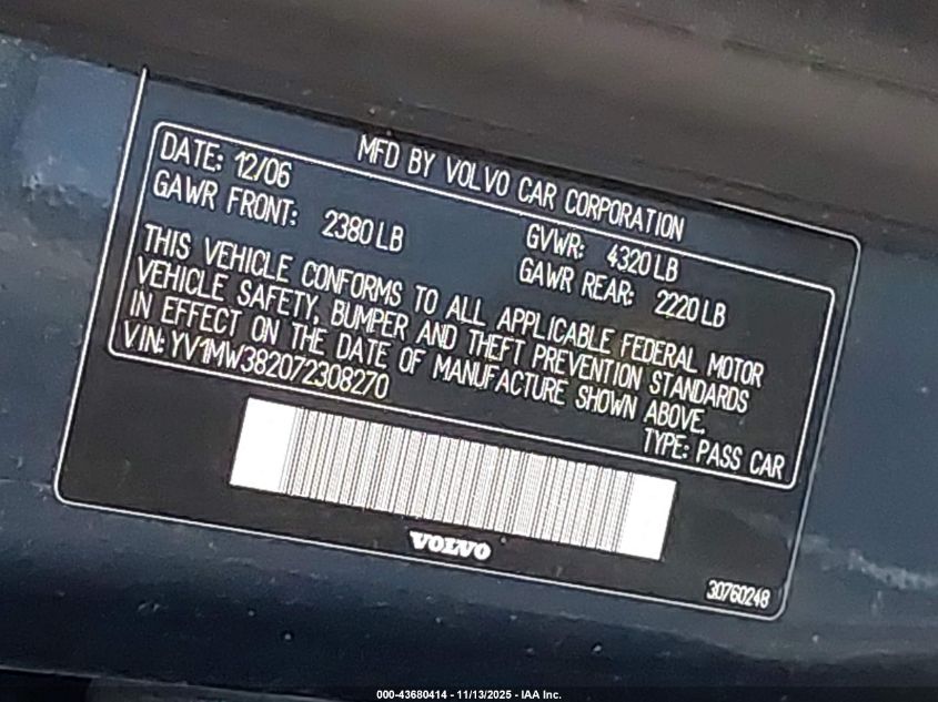 2007 Volvo V50 2.4I VIN: YV1MW382072308270 Lot: 43680414