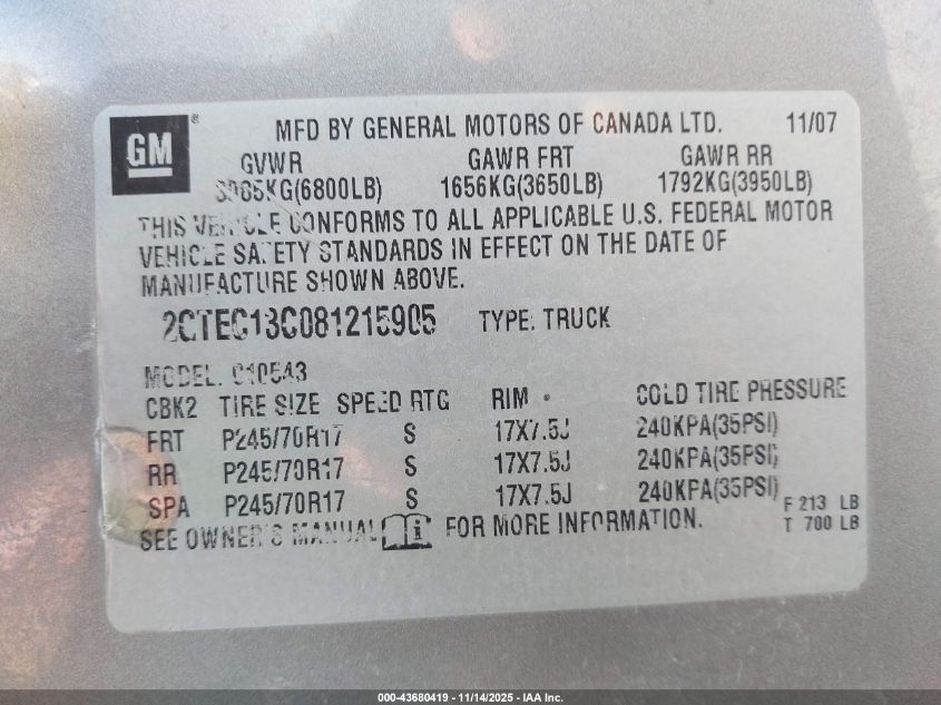 2008 GMC Sierra 1500 Sl VIN: 2GTEC13C081215905 Lot: 43680419