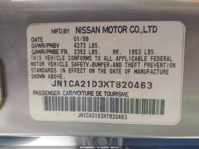 1999 Nissan Maxima Gle/Gxe/Se/Se-L VIN: JN1CA21D3XT820463 Lot: 43680421