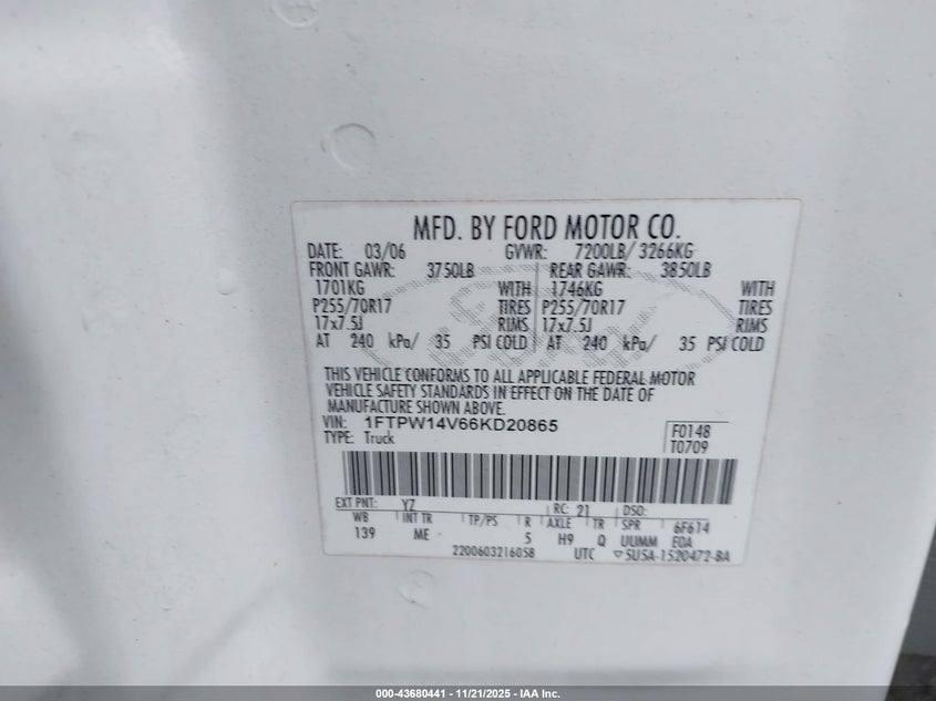 2006 Ford F-150 Fx4/Lariat/Xlt VIN: 1FTPW14V66KD20865 Lot: 43680441