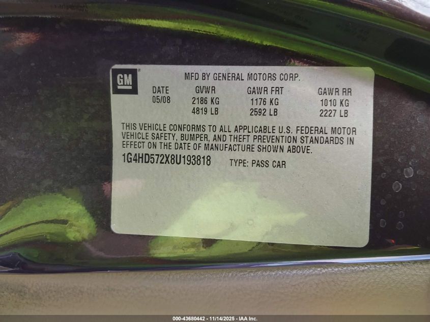 2008 Buick Lucerne Cxl VIN: 1G4HD572X8U193818 Lot: 43680442