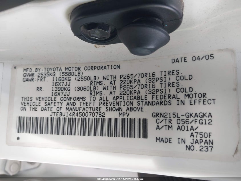 JTEBU14R450070762 2005 TOYOTA 4RUNNER photo no. 9