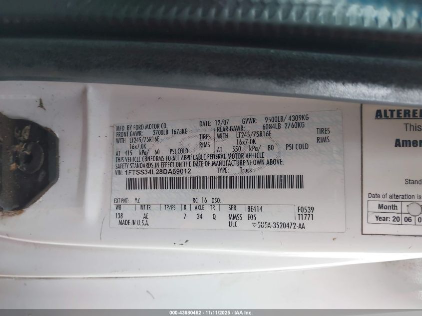 2008 Ford E-350 Super Duty Commercial/Recreational VIN: 1FTSS34L28DA69012 Lot: 43680462